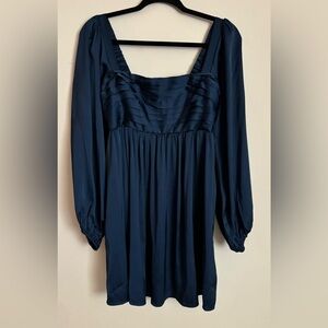Abercrombie & Fitch Navy Long-Sleeve Square Neck Mini Dress with side pockets.